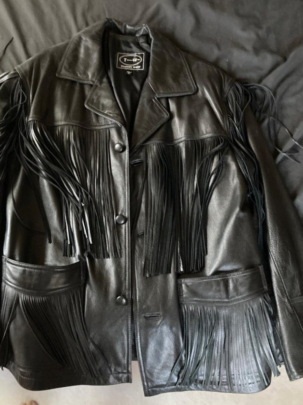 Vintage Tannery West Men's Fringed Leather Jacket, Black, Size M